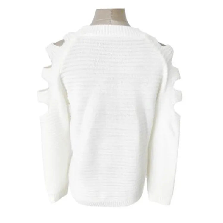 Women's grey crocheted hollow-out long sleeve knit shirt with round neckline on a mannequin