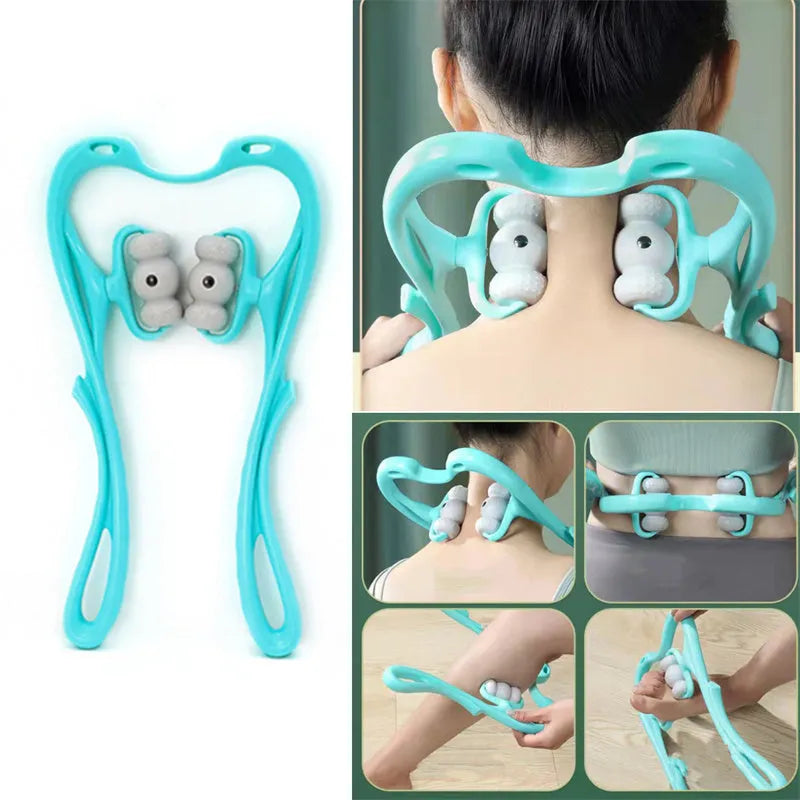 Blue handheld neck massager with 96 pressure point rollers showing 360-degree rotation mechanism
