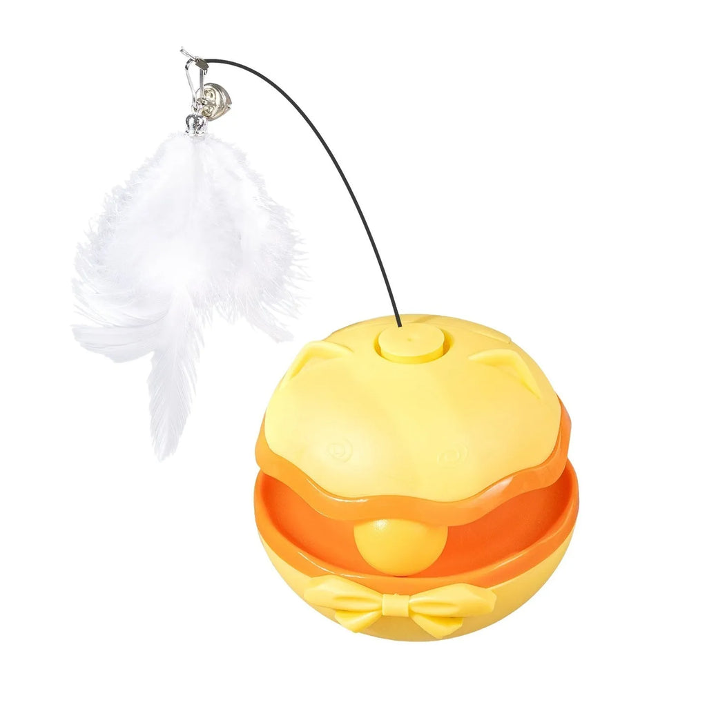 Electric plastic cat tumbler toy with a teasing stick in lemon yellow, blue, or grey.