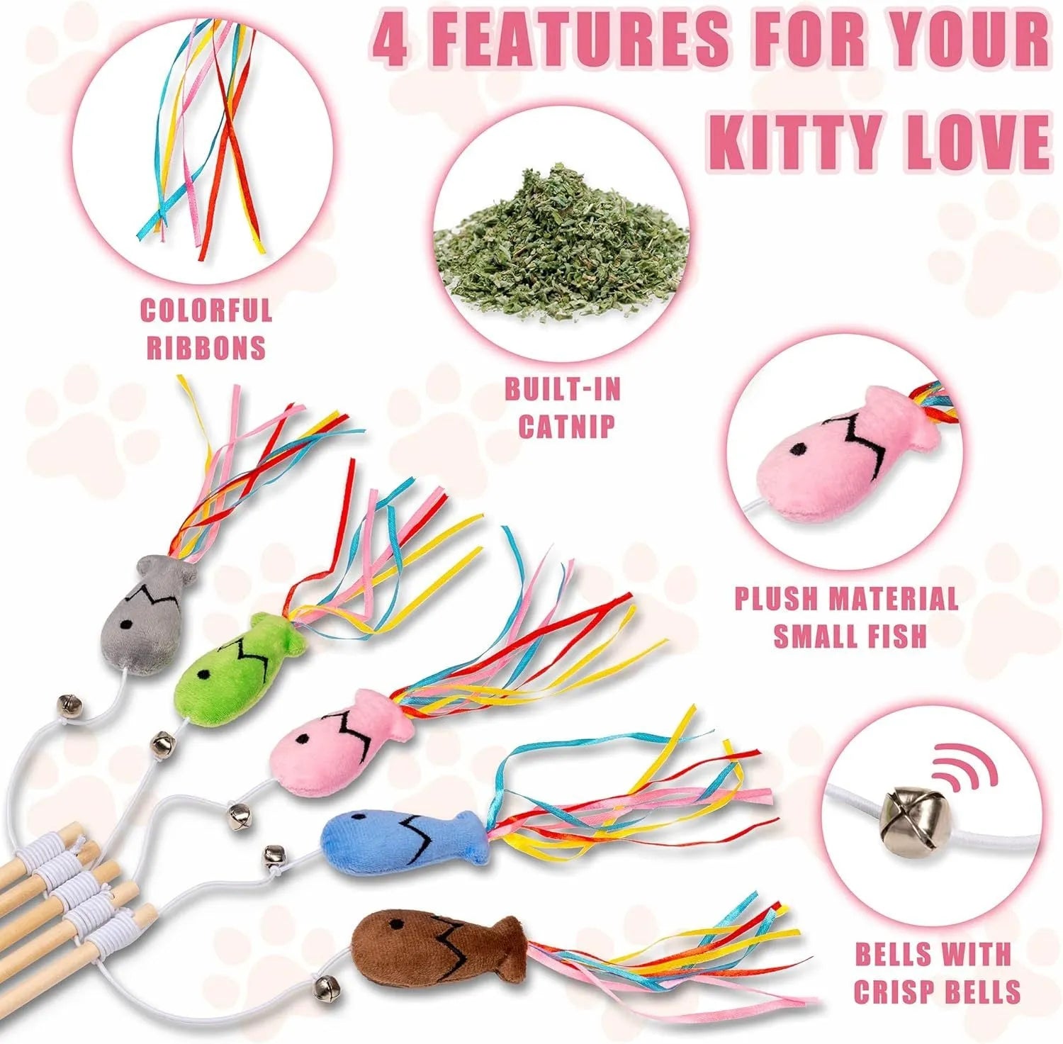 Cat wand toy with wooden handle, elastic rope, catnip fish, colourful ribbons, and bell