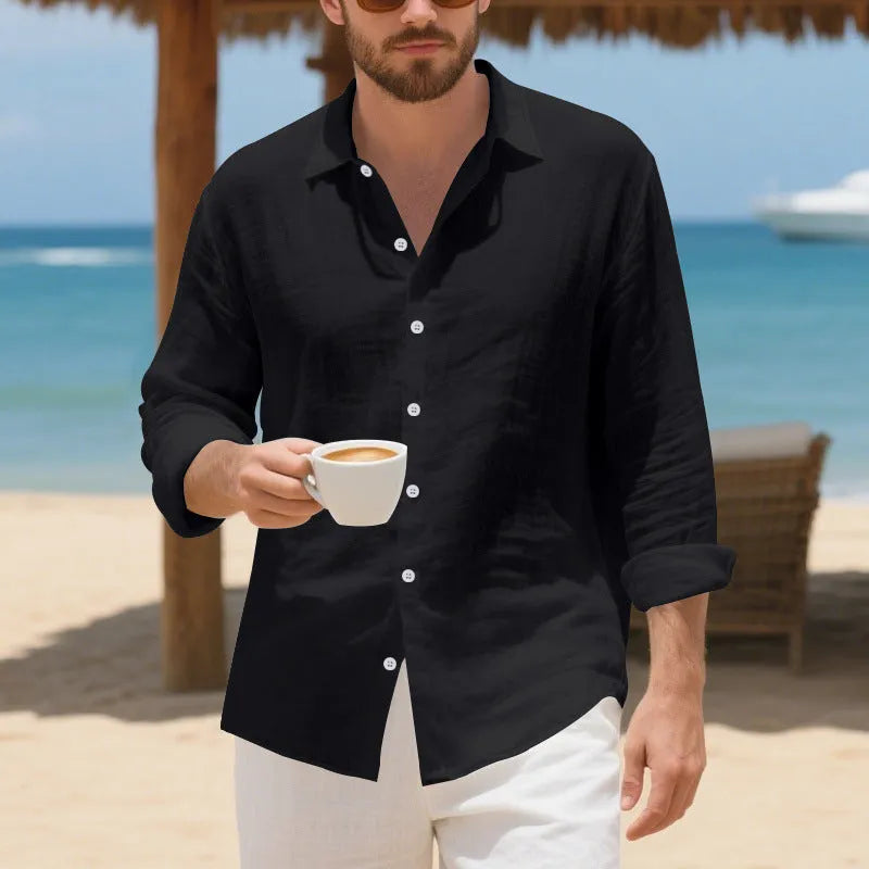 A man's loose-fitting casual linen shirt in a light colour, showcasing the non-iron style.