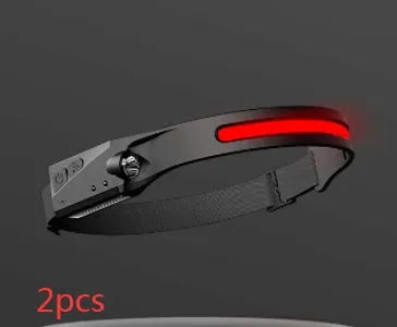 Black silicone USB rechargeable headlamp with side wave sensor and dual LED lights for wide and long-distance illumination.