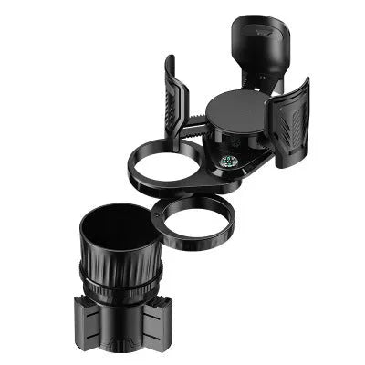 Carbon fibre black adjustable car cup holder with retractable base on a car centre console.