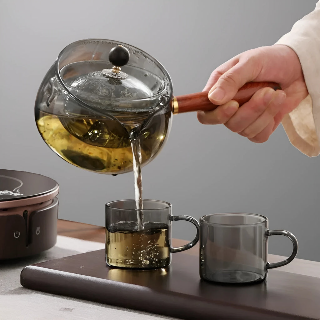 Semi-automatic rotary glass teapot with wooden handle and infuser in transparent borosilicate glass