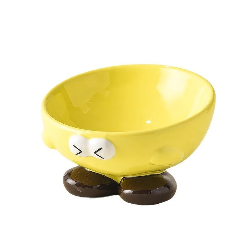 Blue ceramic oblique pet bowl with tall sides and a cute expression print for cervical spine support.