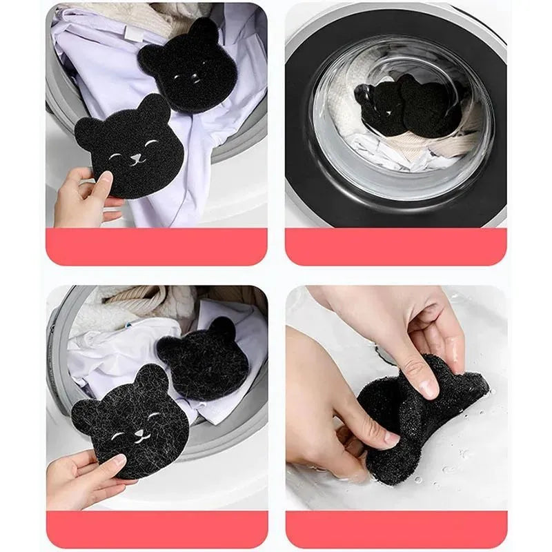 Two black bear-shaped sponge cleaning balls for pet hair removal in laundry