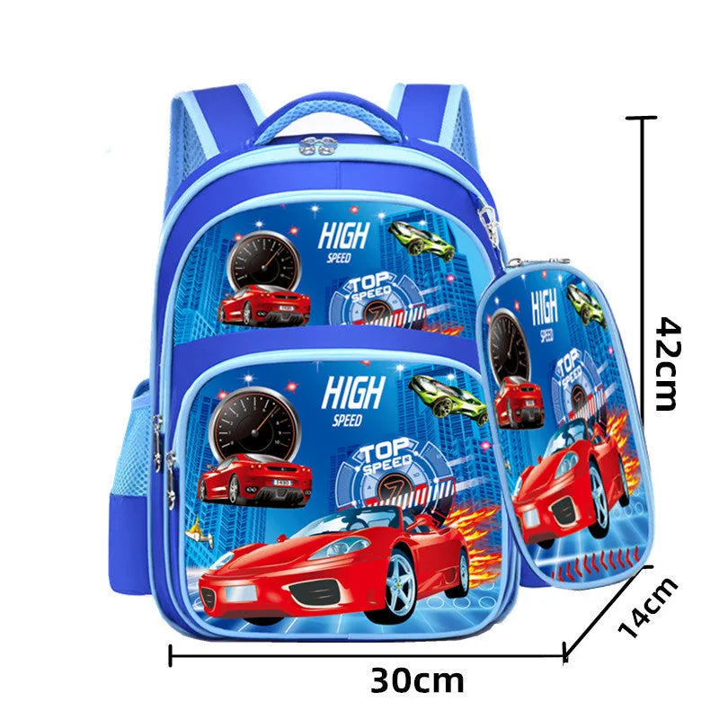 Blue children's nylon backpack with anime cartoon print and a matching pencil case.