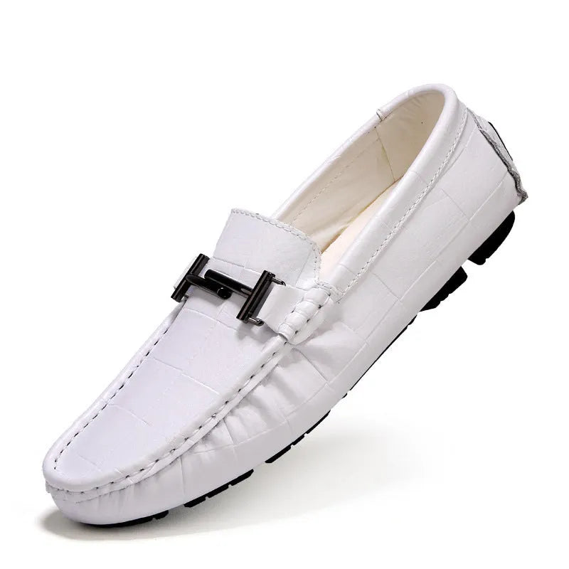 Men's casual leather shoes with cowhide upper, flat rubber sole, and belt buckle detail in multiple colours