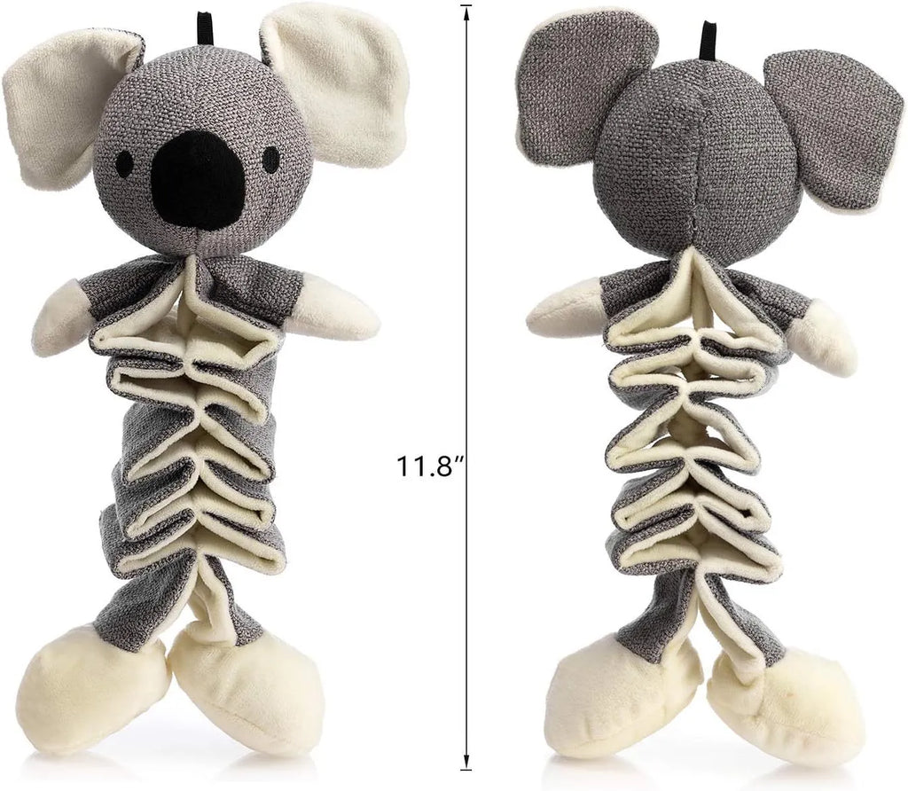 Grey koala-shaped plush dog toy with squeaker and crinkle paper, measuring 30cm.