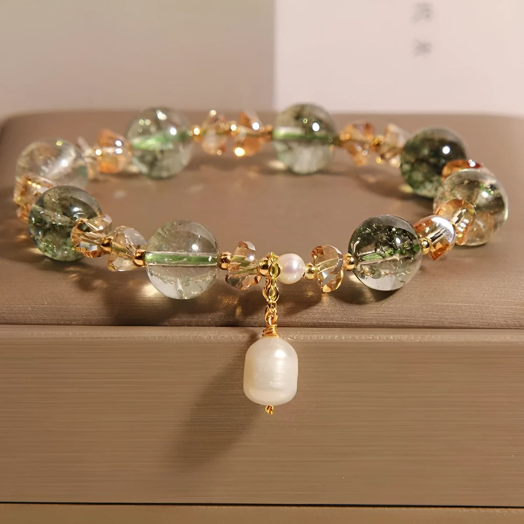 Natural chorite crystals crystal bracelet with green phantom quartz champagne beads