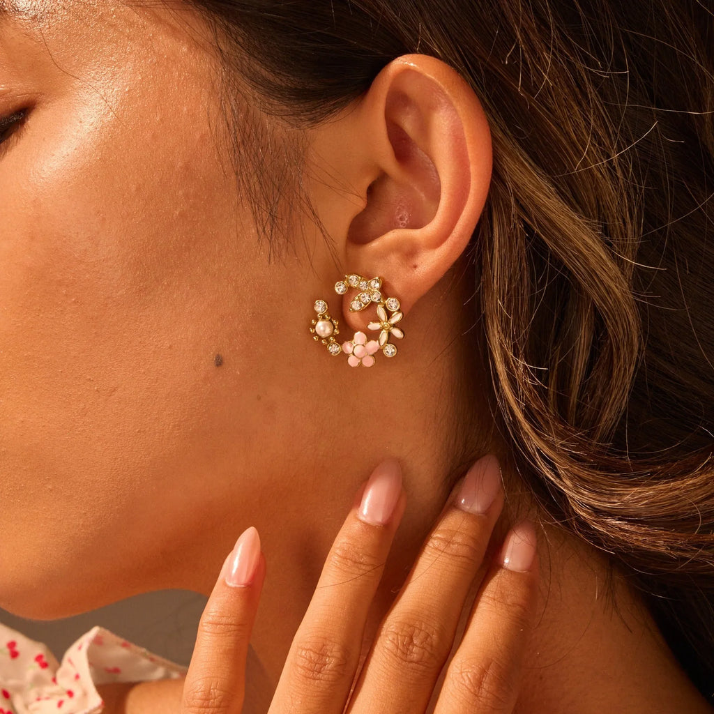 Colourful diamond flower stud earrings with gold plating and petal design