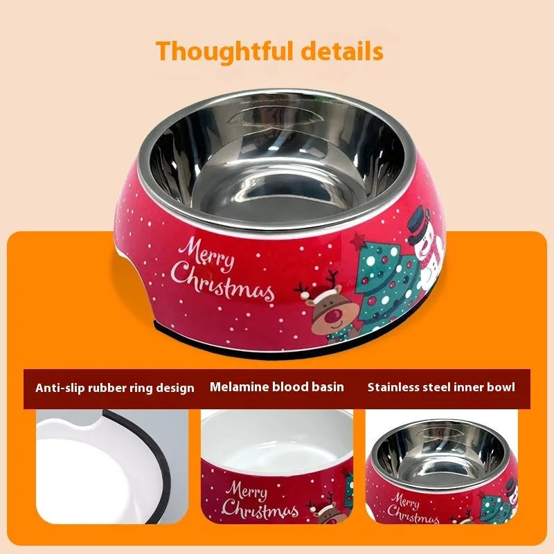 Red Christmas pet bowl with double layer insulated design showing stainless steel inner bowl