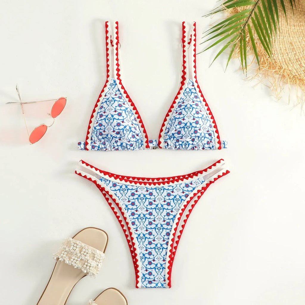 Women's floral printed bikini swimsuit with quick-dry polyester fabric for swimming