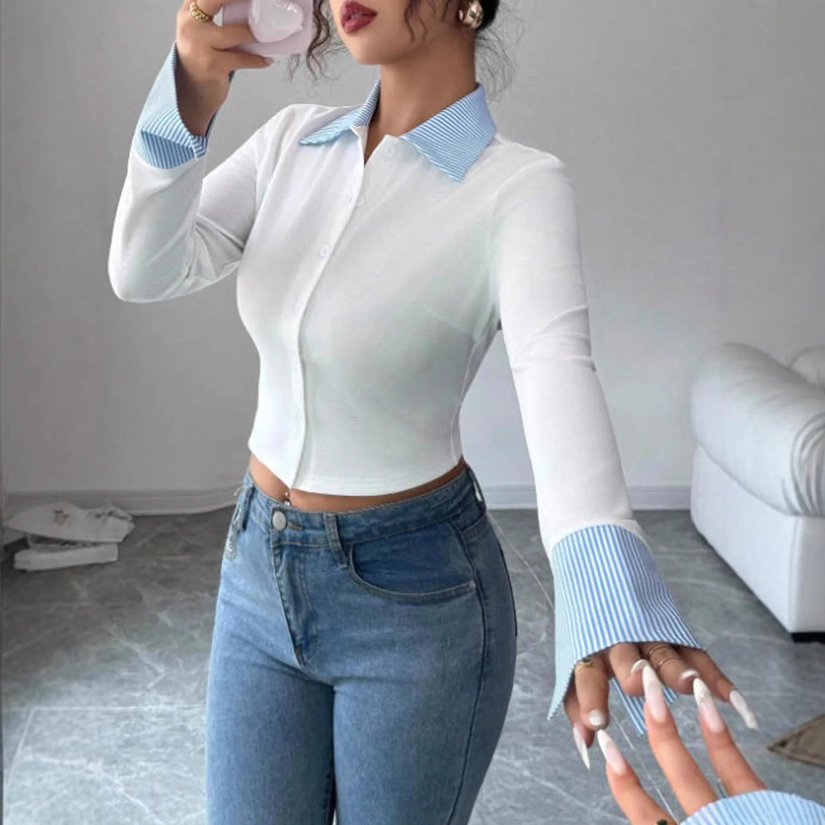 Women's Slimming Lapel Long Sleeve Fake Two-Piece Shirt White Polyester Casual Solid Colour Top Slim Fit Sizes S M L XL 2XL
