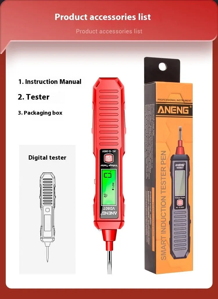 Black and red digital voltage tester pen with LCD display for electrical testing.