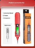 Black and red digital voltage tester pen with LCD display for electrical testing.