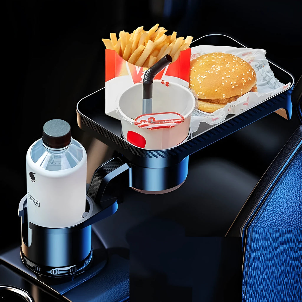 Black ABS plastic car-mounted rotating dinner tray holder with an integrated cup holder.