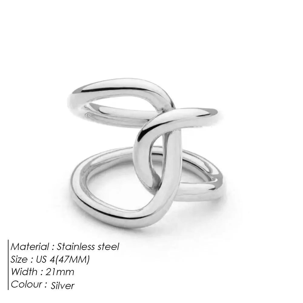 Adjustable knotted stainless steel ring for women in gold or steel colour, showing U-shaped geometric design.