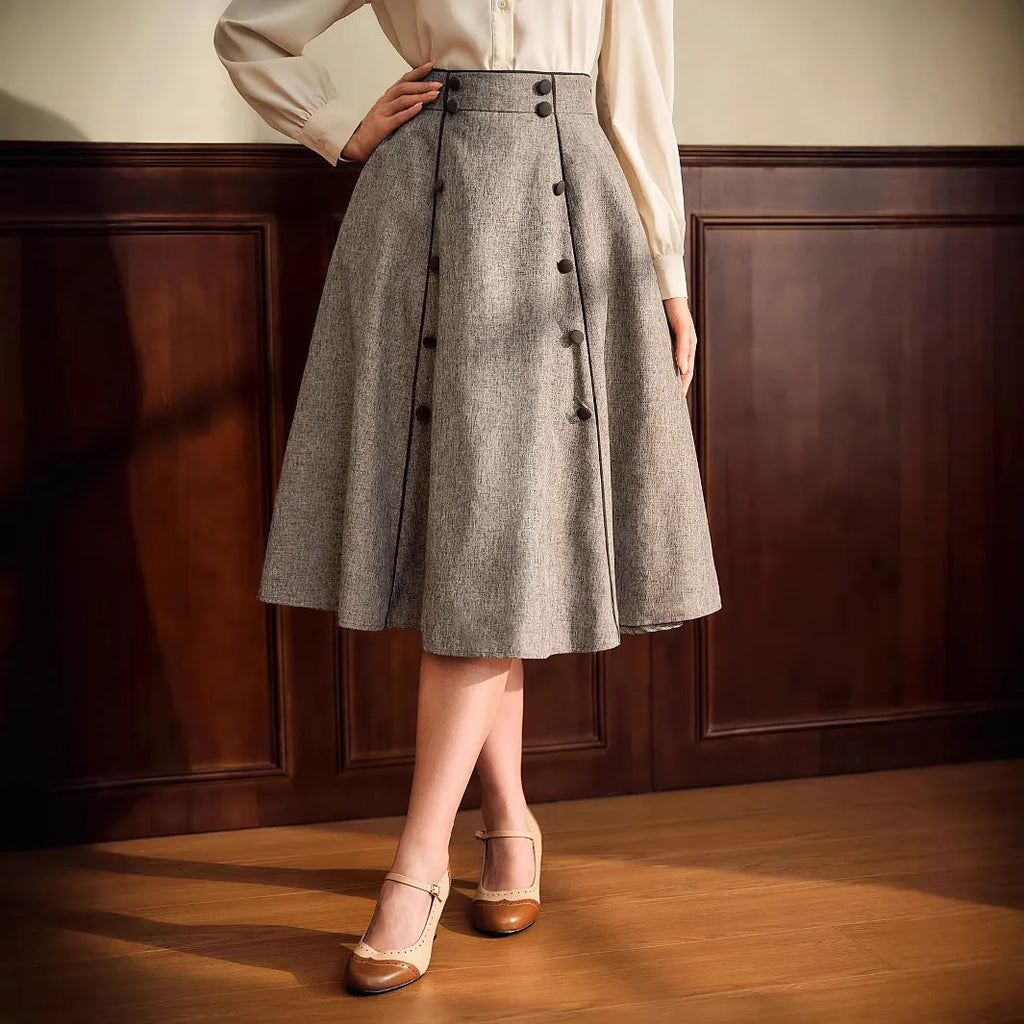 Khaki high-waisted A-line skirt with three-dimensional decoration, mid-length, polyester fabric, women's commute wear