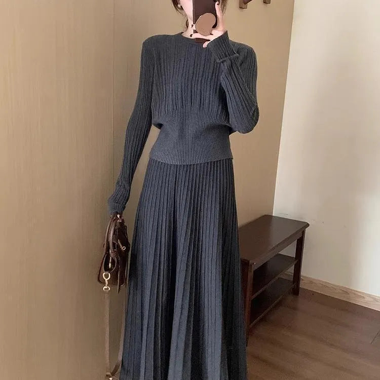 Women's dark grey knitted dress suit set with 3D pattern, ethnic stitching, sweater and skirt