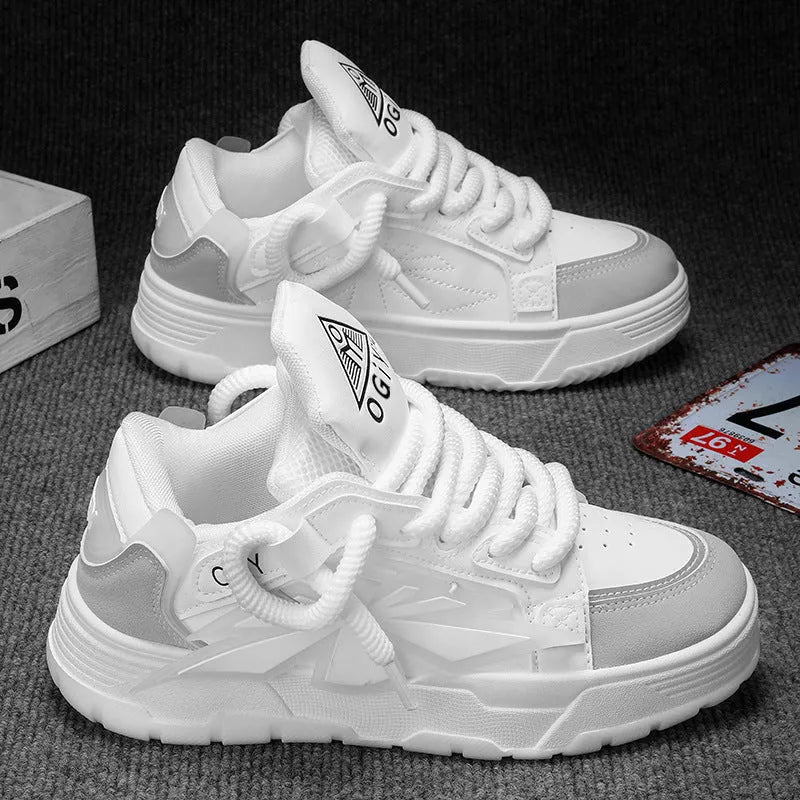Men's white thick-bottom Harajuku sneakers with cartoon pattern and chunky rubber sole