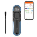 Portable Bluetooth barbecue thermometer in grey with magnet design and app interface showing meat temperature