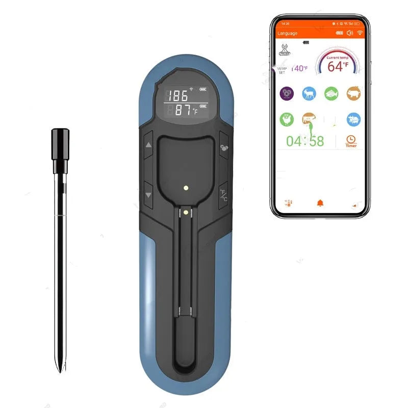 Portable Bluetooth barbecue thermometer in grey with magnet design and app interface showing meat temperature