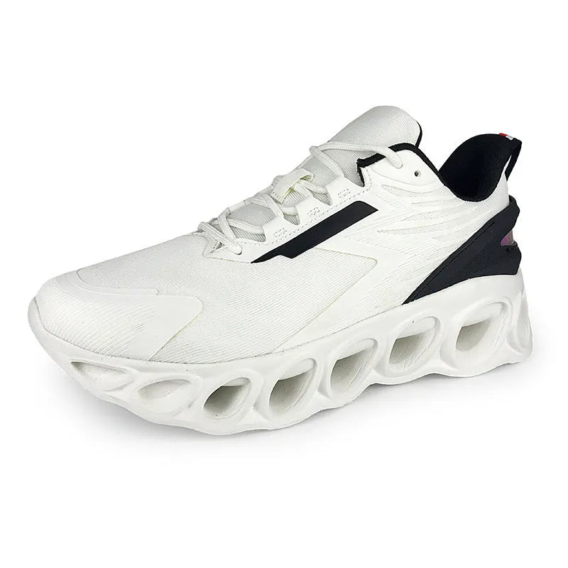 Men's breathable mesh sports shoes in black with white sole and lace-up front