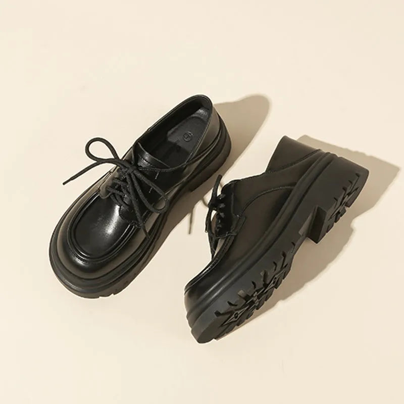 Deep cut thick heel lace-up shoes for women in apricot colour with 5cm heel and superfine fibre upper