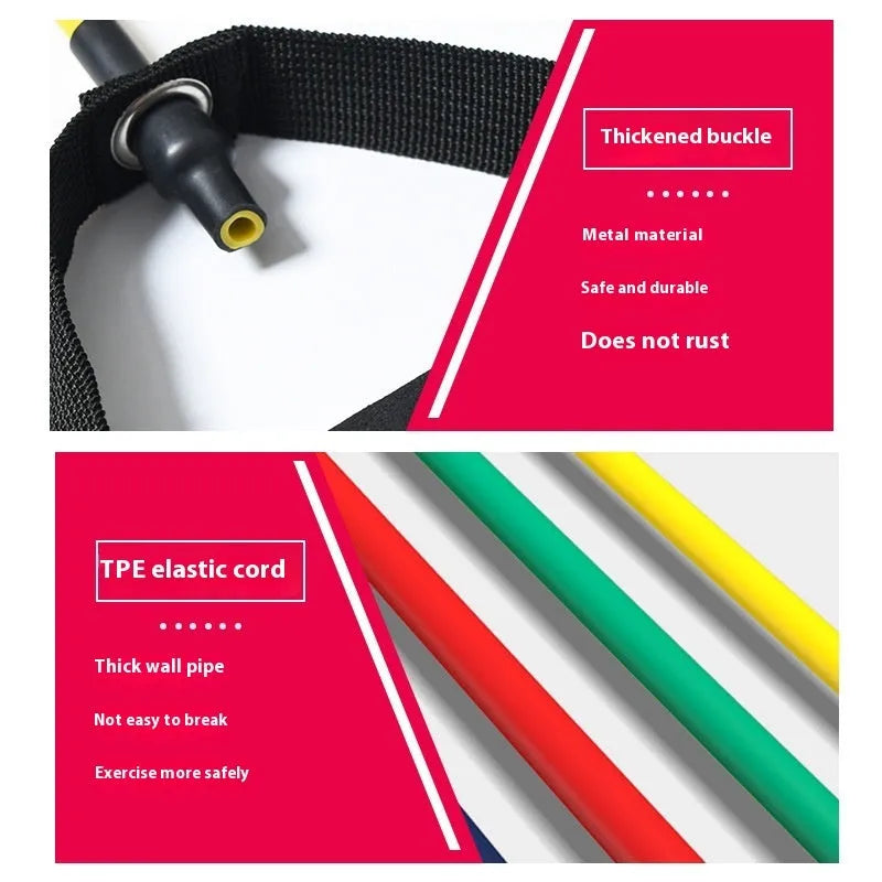 Colour-coded TPE chest expander resistance bands in yellow, green, red, blue, and black.