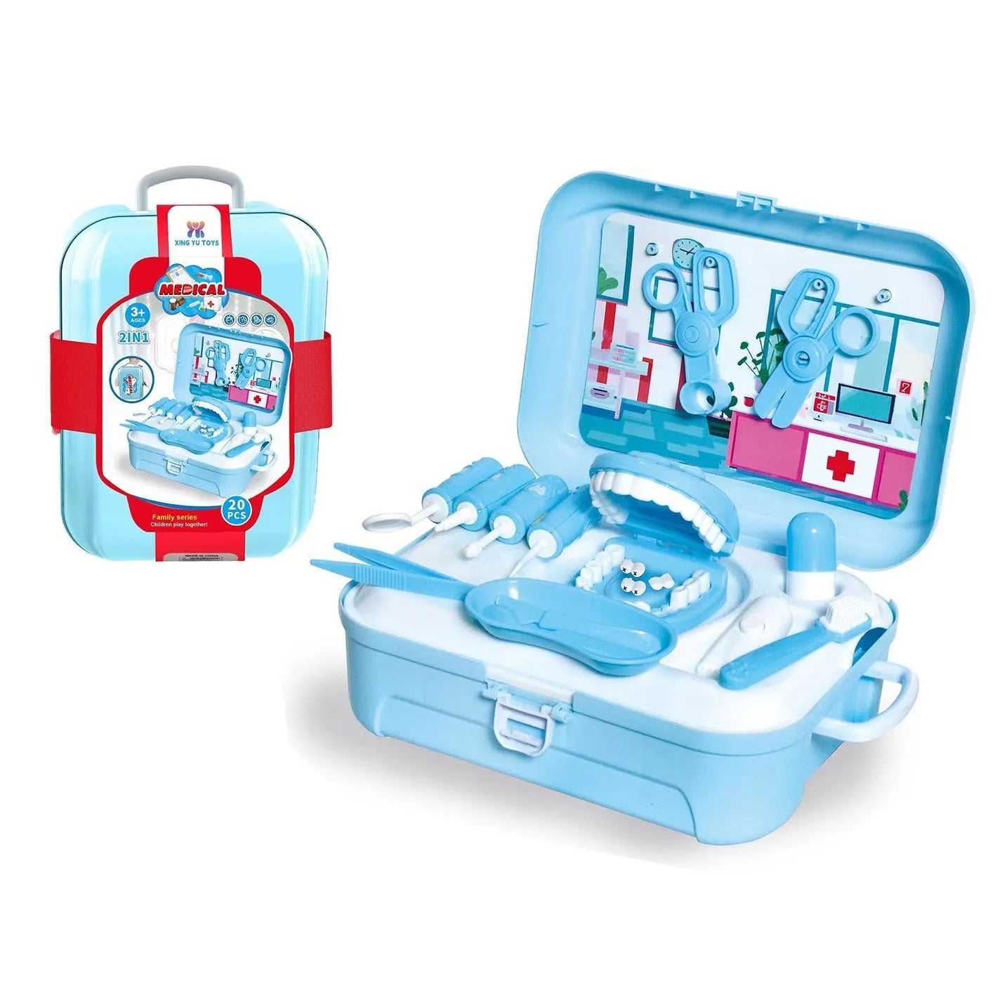 Sky blue plastic toy backpack storage box two-in-one children play house doctor toy for kids aged 4-6