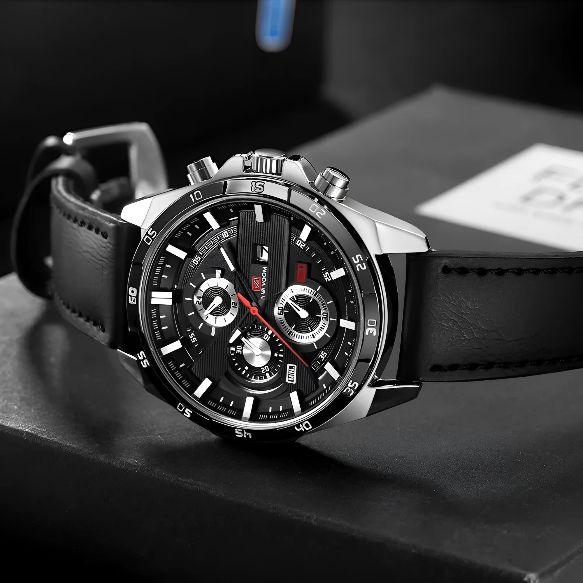 Men's waterproof quartz watch with calendar on brown leather strap.