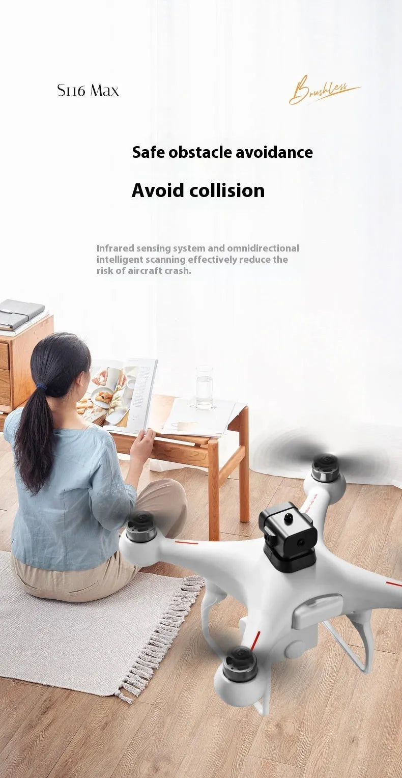 Black HD brushless motor UAV drone with four-side obstacle avoidance sensors and camera, remote control shown beside it.