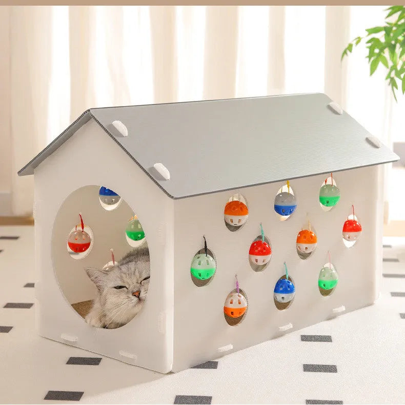 Plastic integrated cat scratch board toy with a tunnel and a bell ball