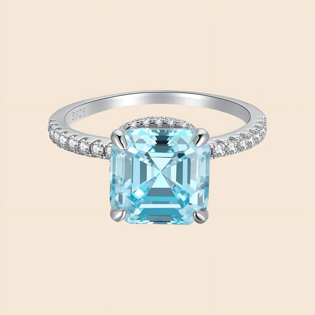 S925 silver ring with 4 karat square pagoda cut aquamarine stone in geometric style