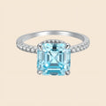 S925 silver ring with 4 karat square pagoda cut aquamarine stone in geometric style