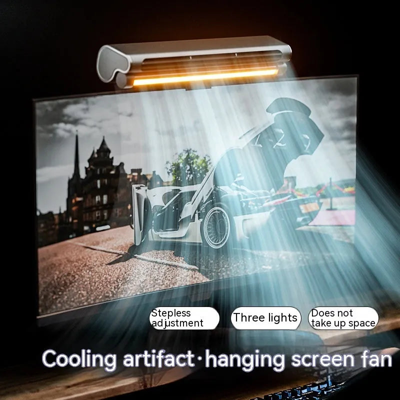 Black USB-powered bladeless fan clipped to a laptop screen with an integrated lighting lamp.