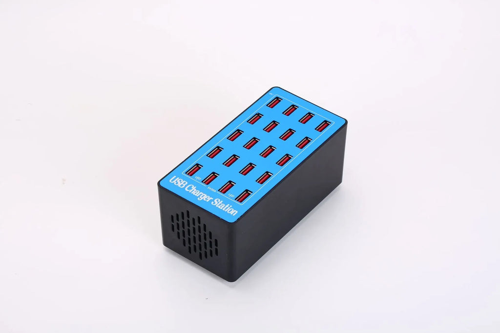 Blue A5 20-port USB charging station with multiple plug options and PC ABS fire retardant casing