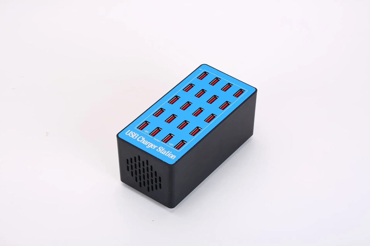 Blue A5 20-port USB charging station with multiple plug options and PC ABS fire retardant casing
