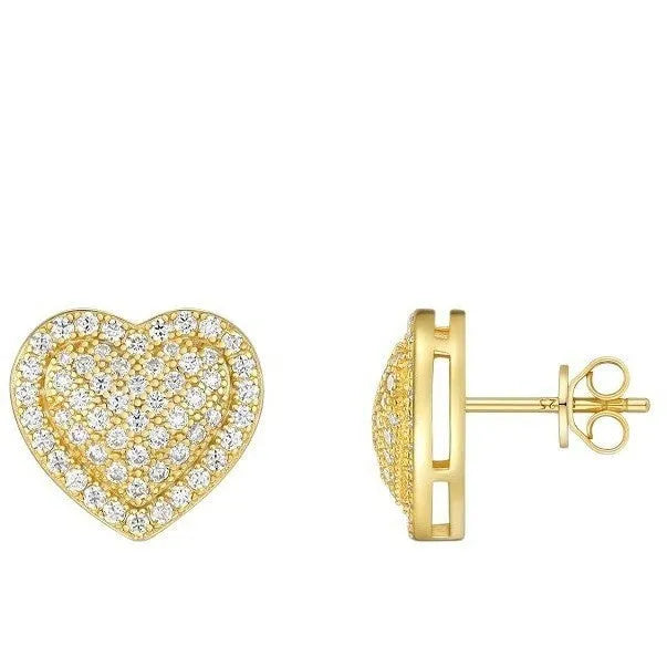 Heart-shaped moissanite stud earrings in gold-plated silver with minimalist design