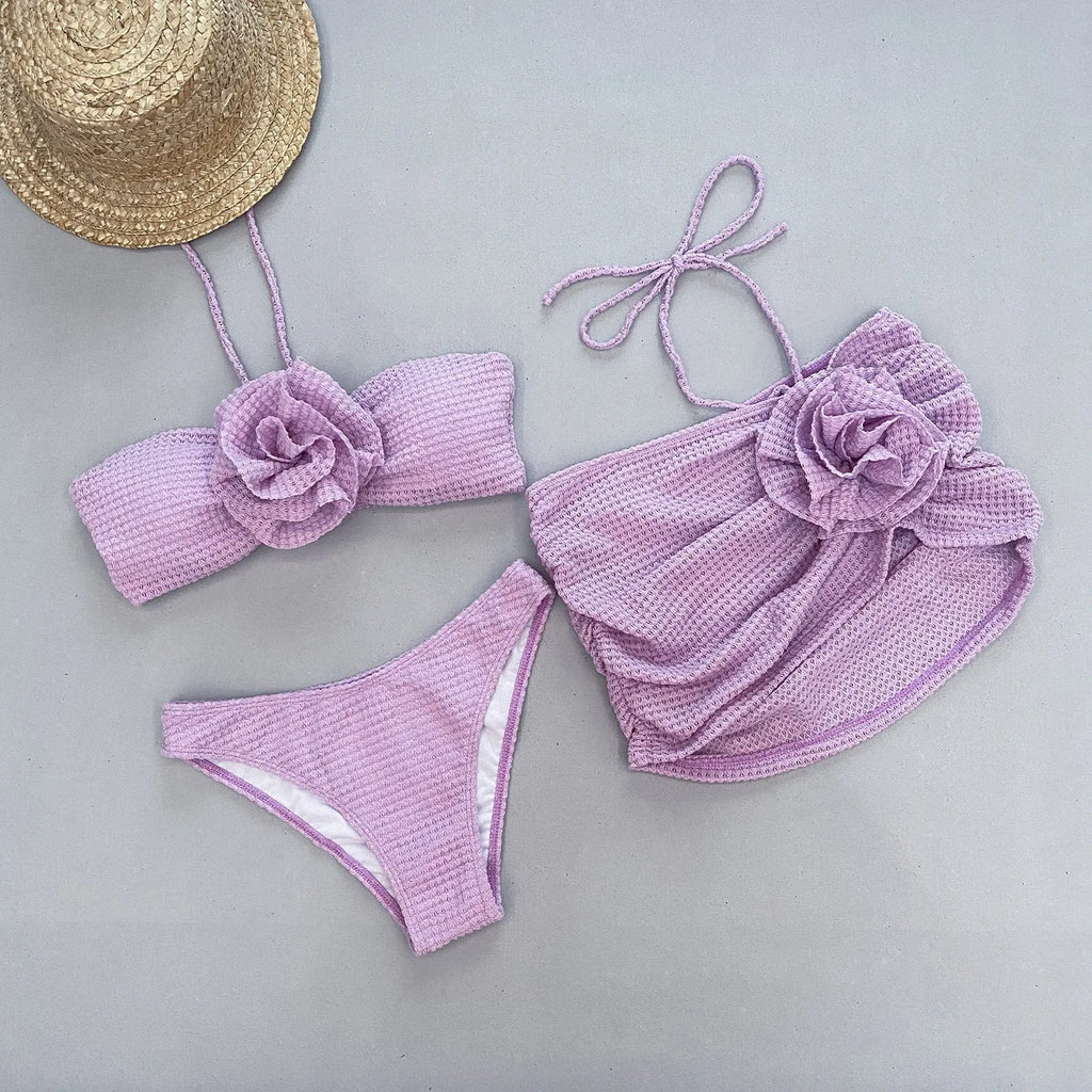Women's purple and white 3D flower split bikini set with bra, panties, and skirt