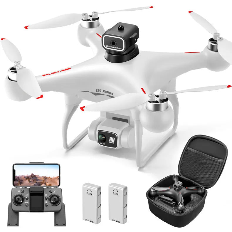 Black HD brushless motor UAV drone with four-side obstacle avoidance sensors and camera, remote control shown beside it.