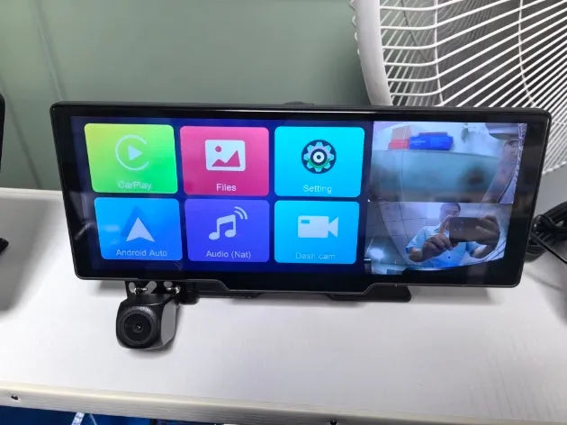 Black 10.26-inch car navigation device with touch screen showing split display of map and camera feed