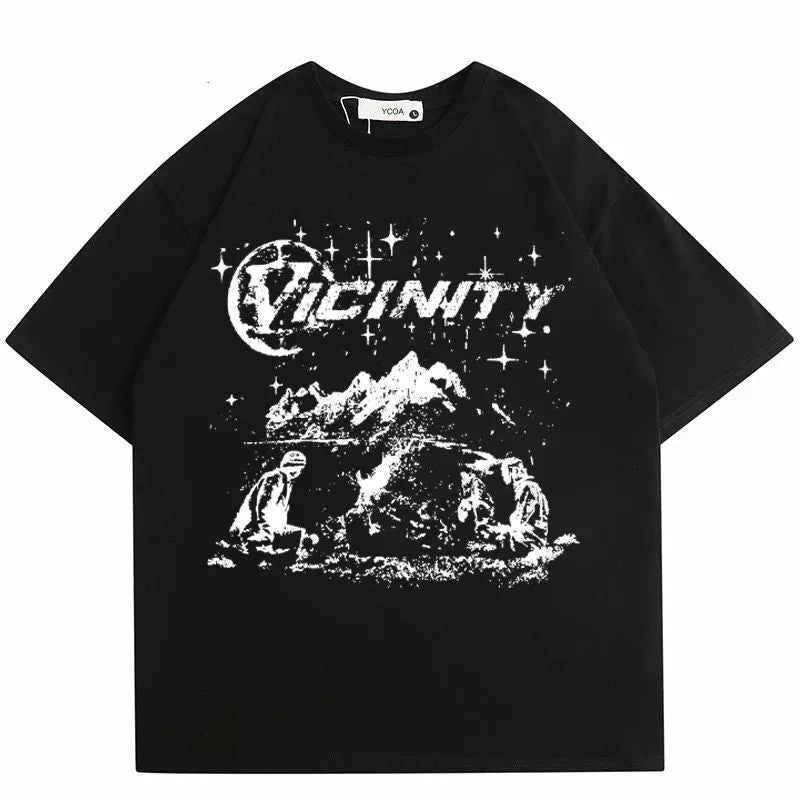 Men's black cotton T-shirt with white Y2g vicinity printing in artistic retro Chinese style