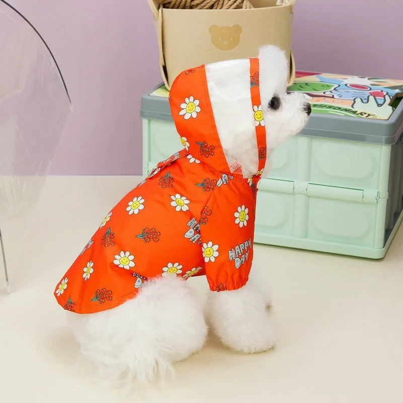 Two-feet style dog raincoat with back pull ring in orange small flower print
