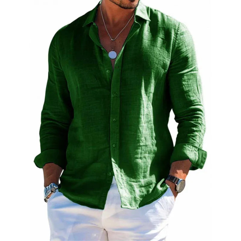 Men's long sleeve casual loose fit solid colour button top shirt polyester plus size clothing