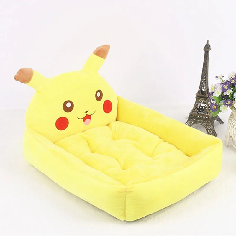 Cartoon-style plush pet bed sofa in blue, shown in small size for a dog or cat.