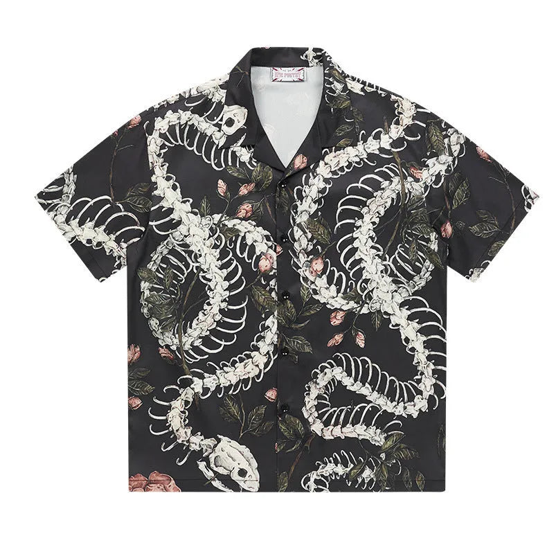 Short sleeve Cuban collar shirt with a snake bone and floral pattern in a loose fit.