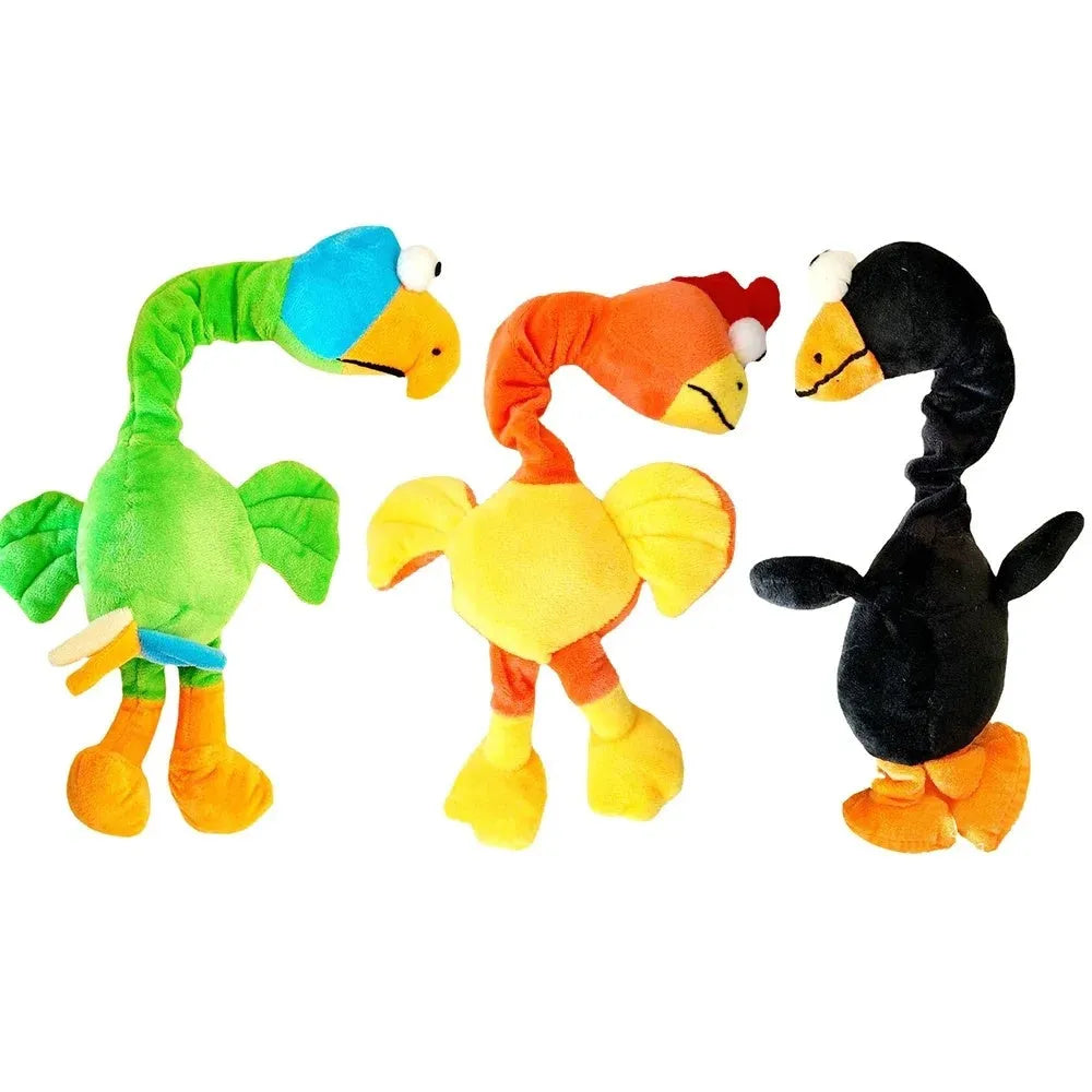 Squeaky chicken dog toy in black, green, or orange colours with bite-resistant latex construction
