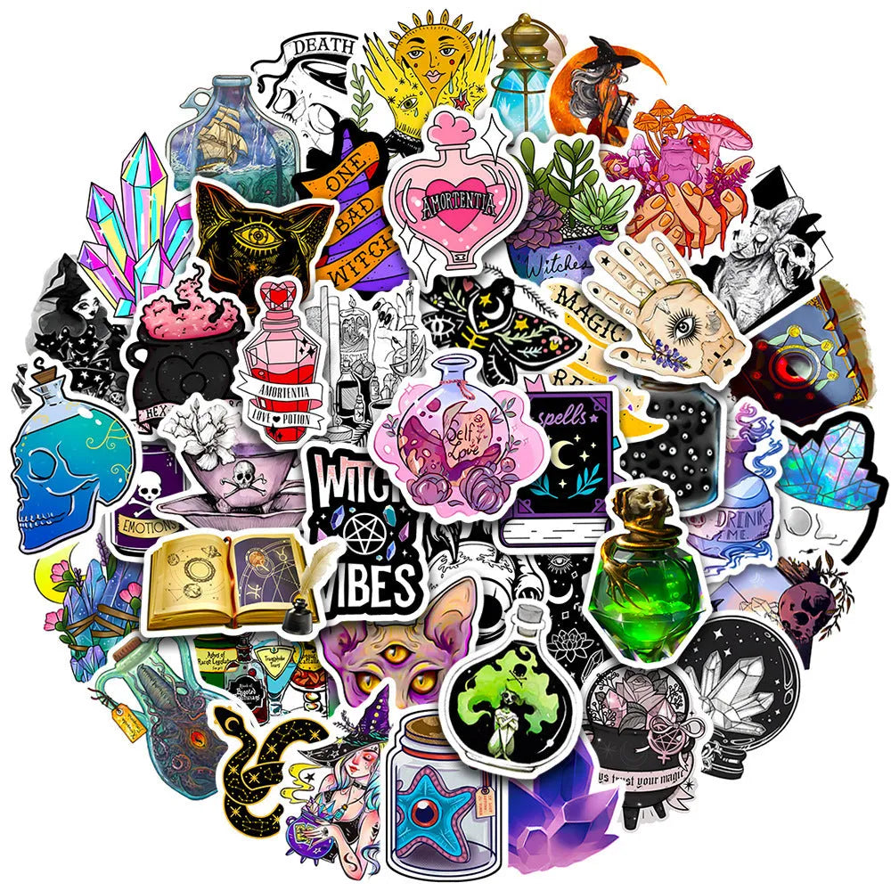 Pack of 50 colourful waterproof PVC stickers for luggage and scooter personalisation.